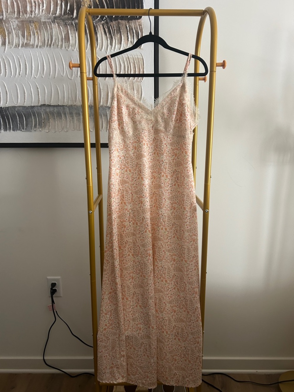 LOFT Peach Floral Lace-Trim Maxi Dress